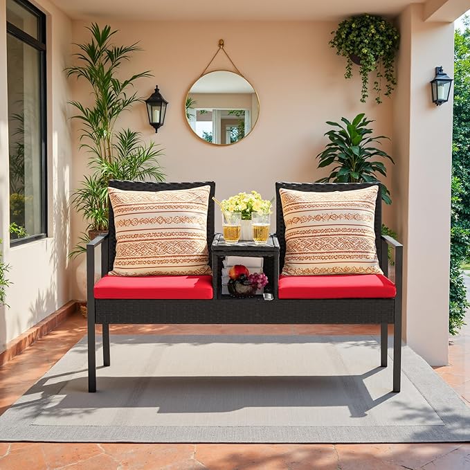Devoko Patio Conversation Sets Outdoor Loveseat with Built-in Table & Cushions Wicker Patio Furniture Porch Chairs Bench for Lawn, Backyard, Balcony (Red)