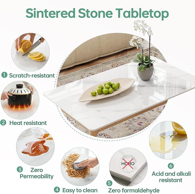 Rectangle Table Top,47.2 ”x 23.6 ” White Sintered Stone Tabletop, DIY Replacement & Cover Marble Desktop, Scratch & Wear Resistant, Easy to Clean, Suitable for Indoor & Outdoor.