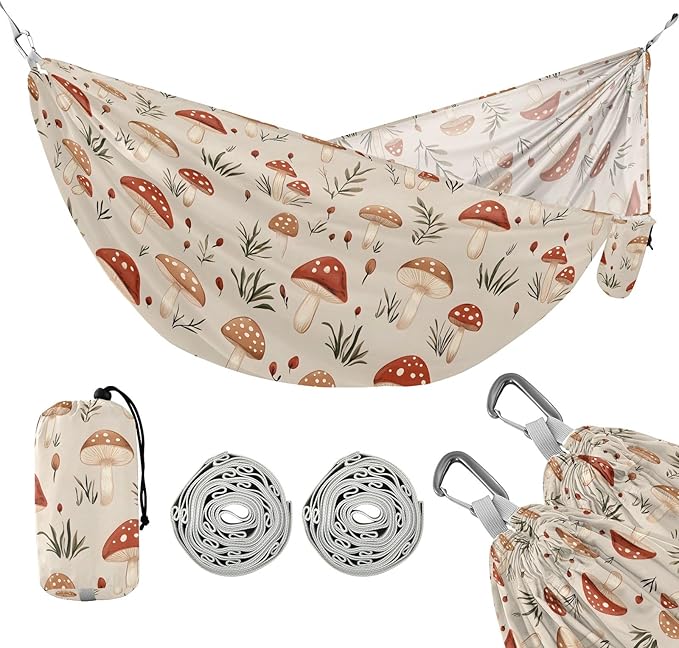 Camping Hammock Outdoor Hammocks for Outside Mushroom Oatmeal Color Beach Trees Portable Lightweight with Pockets Tree Straps Indoor