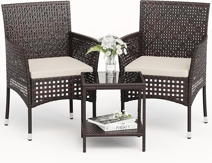 Devoko Patio Furniture Set 3 Pieces Outdoor Wicker Chairs Set of 2 with Coffee Table for Outside Porch Balcony (Brown)