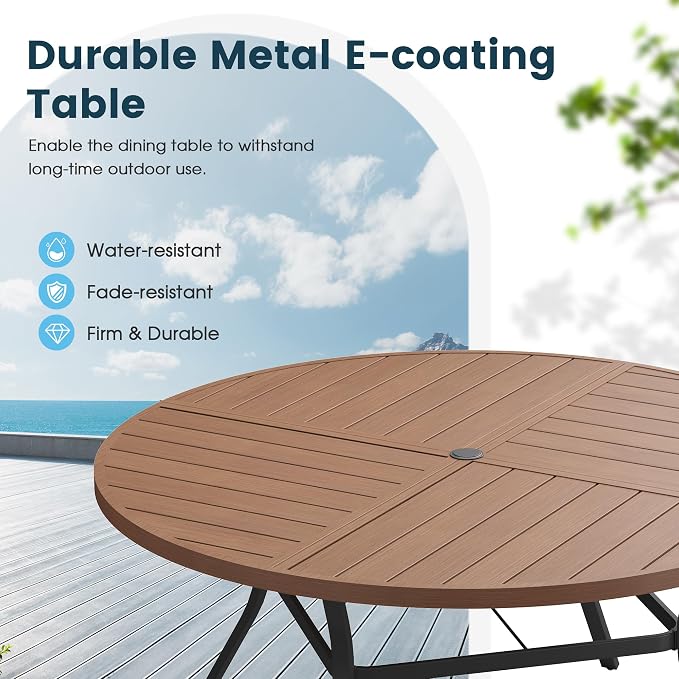 Patio Dining Table for 6, Round Metal Outdoor Table with Storage Shelf, 1.57" Umbrella Hole, 50" Outdoor Quartered Tabletop Dining Table for Backyard, Porch, Lawn, Walnut