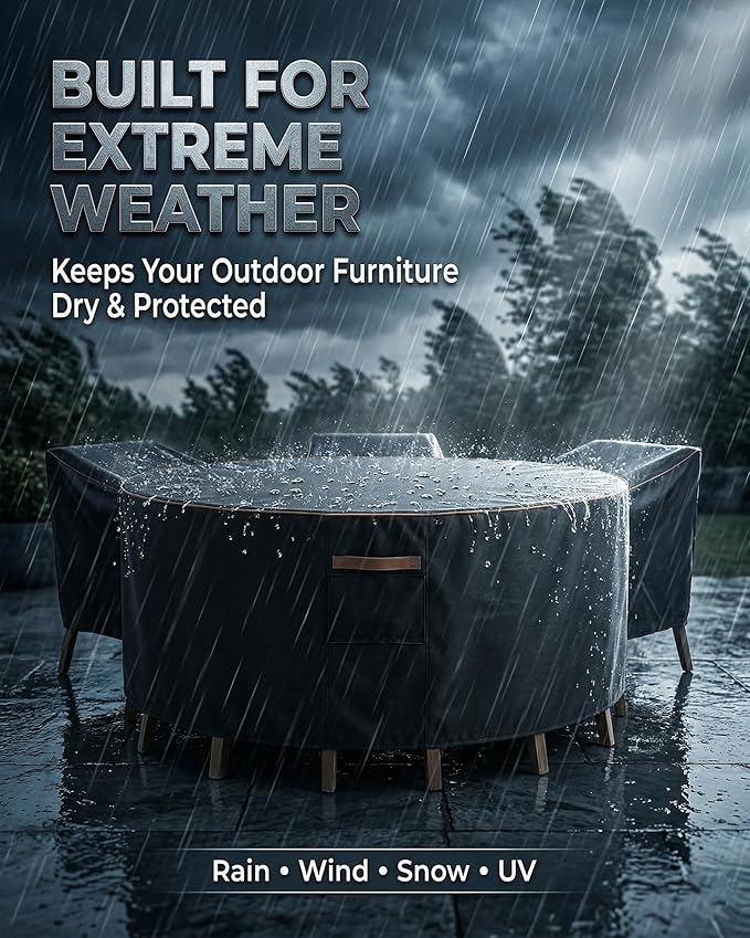 Round Outdoor Patio Furniture Cover, Heavy Duty 600D Waterproof Cover for Table & Chair Set or Sofa Set Covers, Windproof,UV Resistant, All-Season for Backyard,Deck,Garden,62" L x 62" W x 28" H,Black