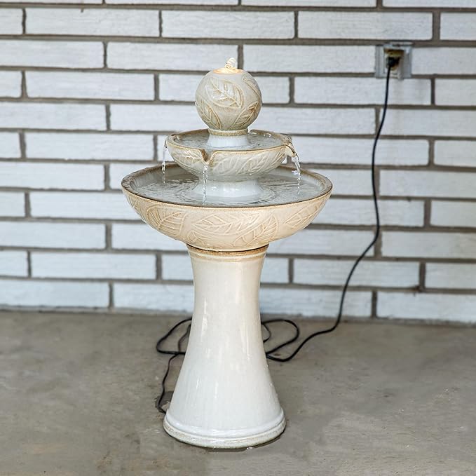 Sunnydaze Gentle Glow 26.5" H 2-Tier Ceramic Outdoor Fountain with LED Light - Tiered Water Feature with Electric Pump - Off-White