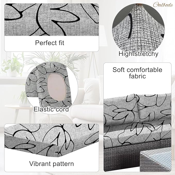 CALBODE 8PCS Waterproof Patio Sofa Covers with Elastic Floral Printed Stretch Outdoor Cushion Seat Covers Set of 8 Wicker Chair Washable Replacement(Grey,Cushions Not Included)