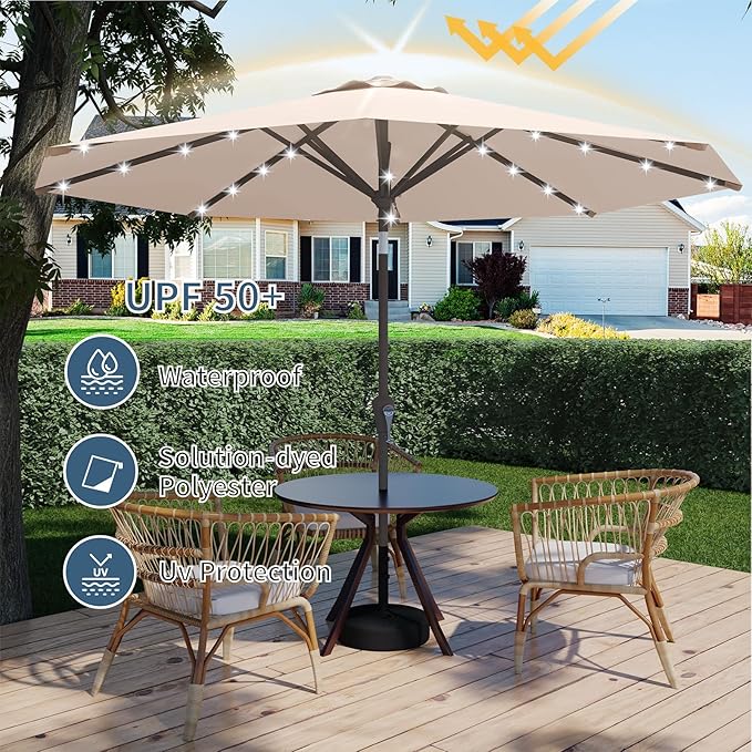 9FT Patio Umbrella with Solar Lights,Outdoor Market Umbrella with Tilt and Crank, LED Lighted Table Umbrella for Garden,Deck,Backyard,Pool,Beach (Beige)