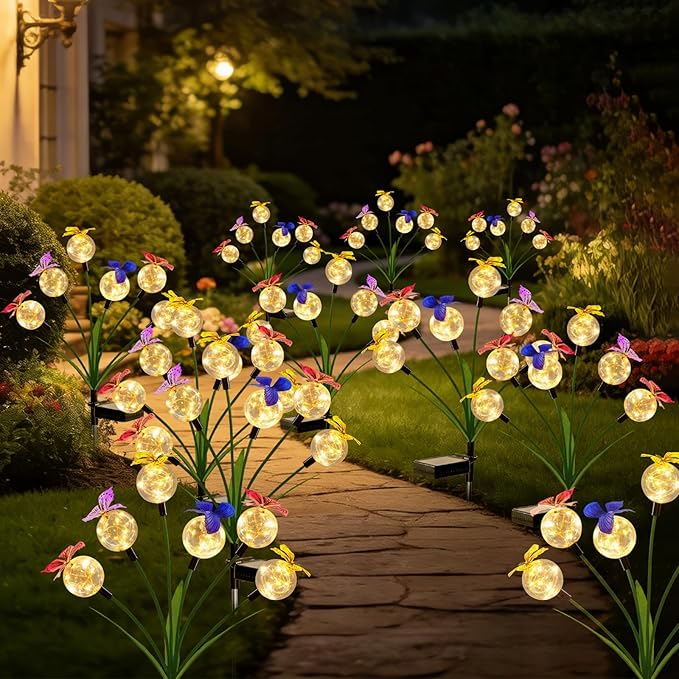 2 Pack Solar Outdoor Decorative Lights, Garden Lights Solar Powered with 12 Led Globe Lights and Butterflies, Gifts for Women Grandma, Solar Decorations for Garden Yard Lawn Ornaments (Butter Warm)