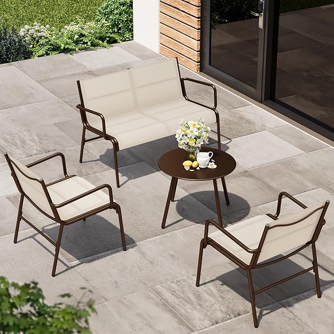 East Oak 4-Piece Patio Furniture Set, Waterproof Outdoor Furniture Set, Patio Sofa with Coffee Table for Balcony or Porch, 4 Seats Patio Conversation Sets for Backyard in Beige