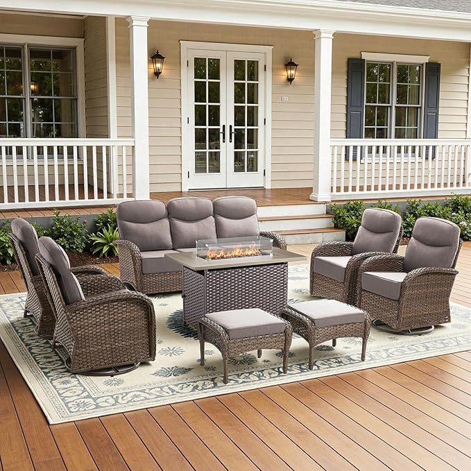8-Piece Luxury Patio Furniture Set with 42.5" Fire Pit Table, Outdoor Wicker Sofa Couch & Swivel Rocker Chairs with 6-inch Thick Cushion, Conversation Set for Poolside, Deck & Yard - Gray