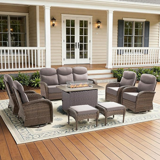8-Piece Luxury Patio Furniture Set with 42.5" Fire Pit Table, Outdoor Wicker Sofa Couch & Swivel Rocker Chairs with 6-inch Thick Cushion, Conversation Set for Poolside, Deck & Yard - Gray