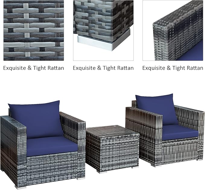 Tangkula 3 Pieces Patio Furniture Set, PE Rattan Wicker Sofa Set w/Washable Cushion and Tempered Glass Tabletop, Outdoor Conversation Furniture for Garden Poolside Balcony