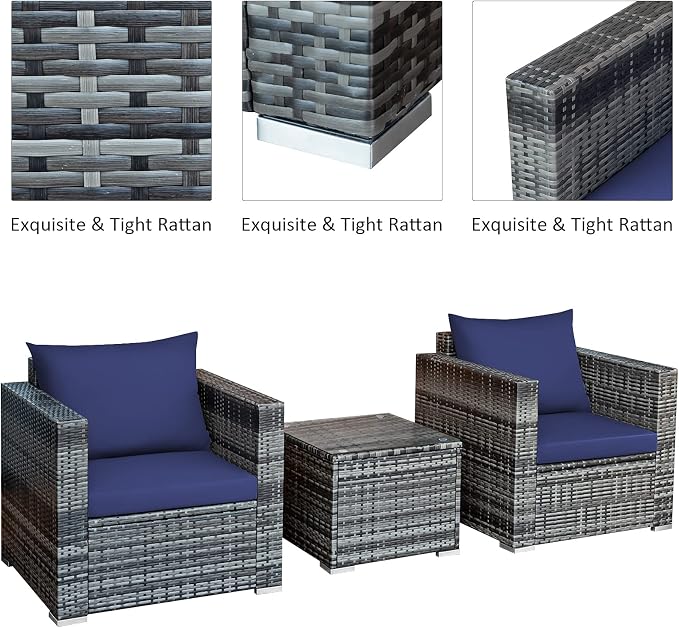 COSTWAY 3-Piece Patio Furniture Set, Outdoor Wicker Rattan Sofa with Cushions and Coffee Table, Conversation Chair Set for Poolside Backyard Balcony Lawn (Navy)