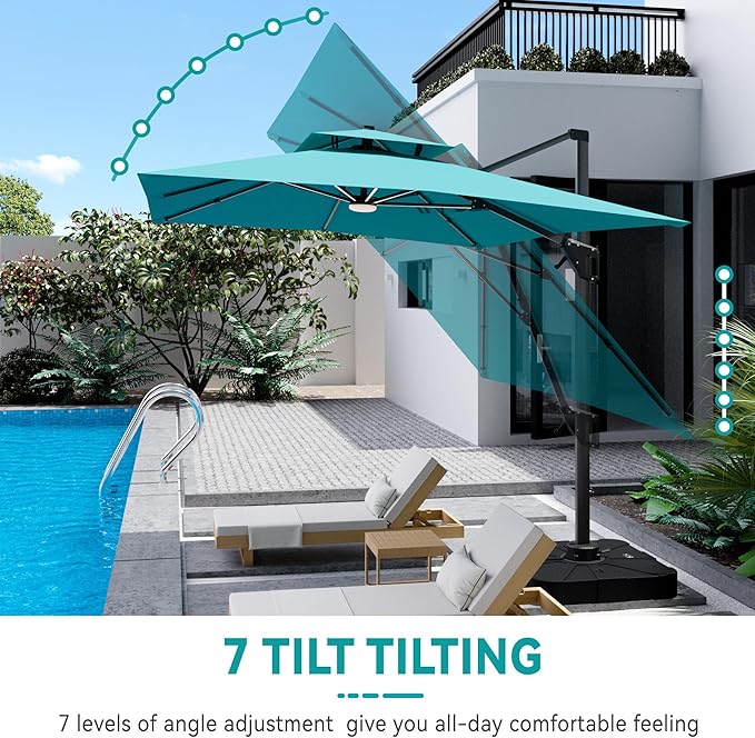 10x13 FT Cantilever Patio Umbrella with Led Lights Double Top Outdoor Rectangular Large Heavy Duty Aluminum Offset Umbrellas with 7 Level Tilt 360-degree Rotation for Pool Garden Deck, Turquoise