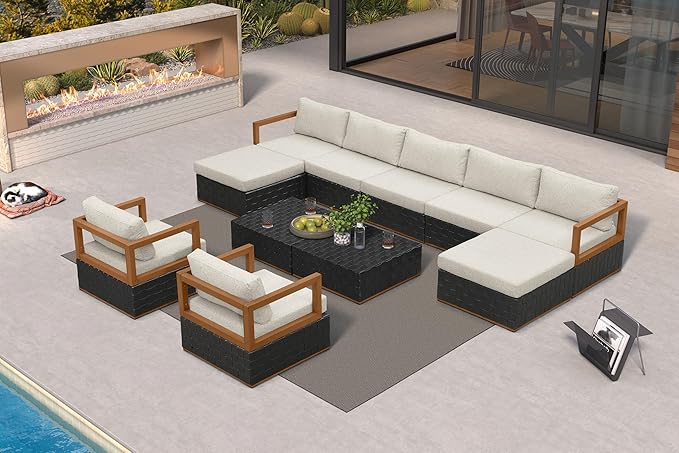 PURPLE LEAF Patio Outdoor Furniture Set 11 Pieces, Premium Leather Outdoor Couch Sectional Sofa, Patio Couch with Olefin Cushions, Patio Conversation Sets for Porch, Balcony, Garden, Black