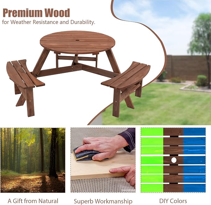 6 Person Round Wood Picnic Table, Outdoor Wooden Picnic Table with 3 Built-in Benches, Umbrella Hole, Circular Outside Table and Bench Set for Garden, Backyard, Porch, Patio, 1720lb Capacity - Brown