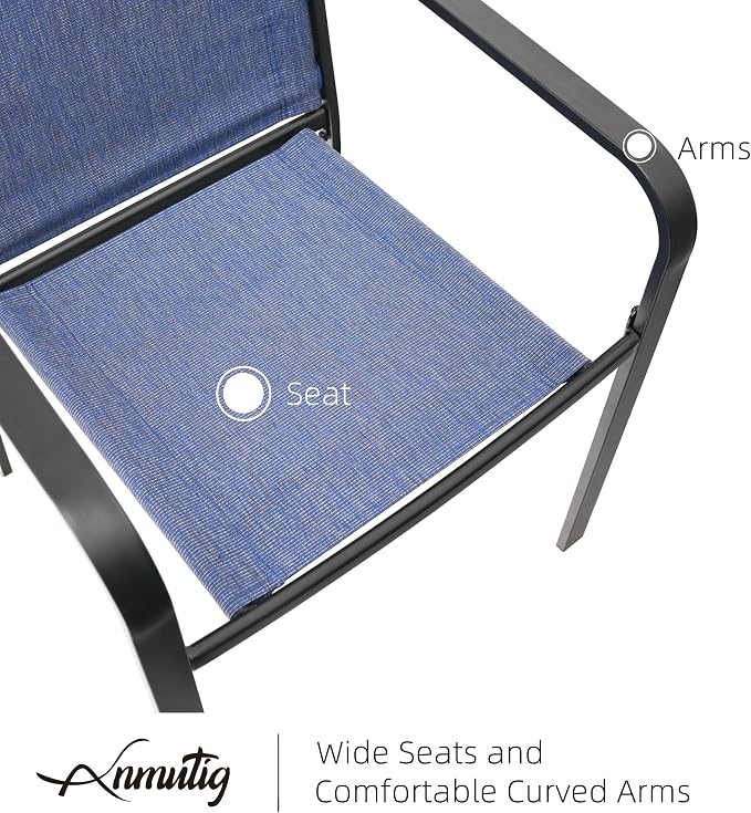 Navy Blue Stackable Patio Chairs and Rectangle Table Outoor Dining Set of 7 | 6 Psc Stackable Chairs, Textilene Seat&Back, Metal Table, Slat Table Top, 6 Person Use, 1.57"-1.9" Umbrella Hole, All Weather