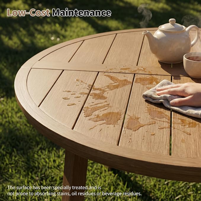 5-Piece Round Outdoor Dining Table Set, 41" All-Aluminum Round Outdoor Table with 4 Chairs, Rust-Resistant Faux Wood Grain Patio Table with Umbrella Hole for Garden, Backyard, Poolside, Teak