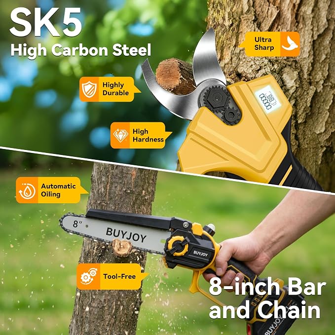 BUYJOY 4-in-1 Electric Pruning Shears & 8 Inch Pole Saw Combo, 1.8" Cutting Diameter Cordless Pruner, 2×4.0Ah Batteries, Adjustable Branch Cutter for Tree Trimming and Garden Pruning