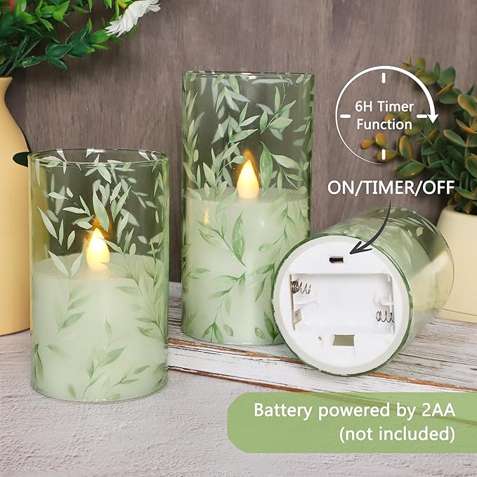 Glass Flameless Candles Green Decor Willow Leaves Vines Greenery Battery Operated LED Pillar Candles for Elegant Home Botanical Decor Special Occasions, Set of 3