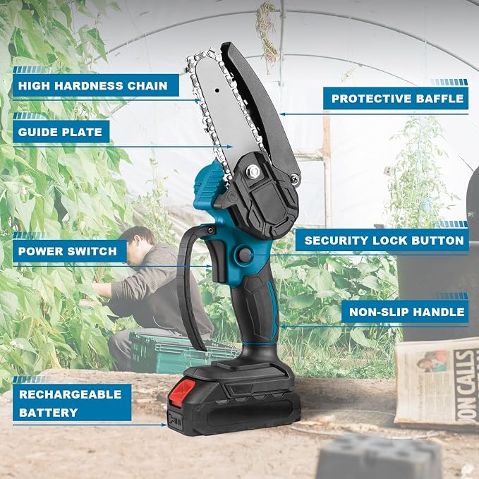 BIG RED ACP01R Torin 4" Mini Cordless Chainsaw: Portable Electric (Battery Powered) Handheld Chainsaw for Wood Cutting, Garden Pruning, Tree Pruning and Shrub Pruning, Blue