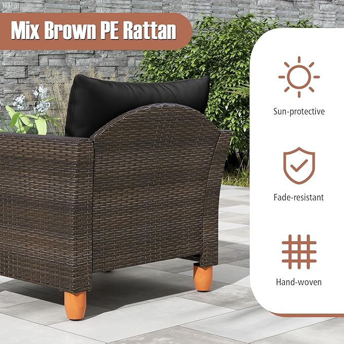Tangkula 3-Piece Patio Furniture Set, Patiojoy Outdoor PE Wicker Bistro Set with Soft Cushions and Solid Acacia Wood, Outdoor Conversation Set with Porch, Balcony and Garden (Black)