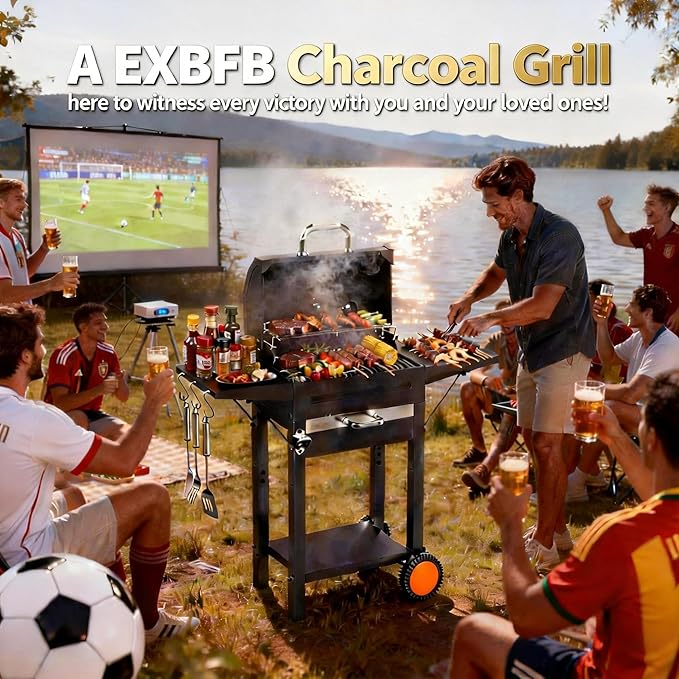 Charcoal Grills with Two Side Tables, 20-In Outdoor Smoker Barrel BBQ Grill with 334 Sq. In Cooking Area for Camping, Patio,Backyard Party, Picnic, Black
