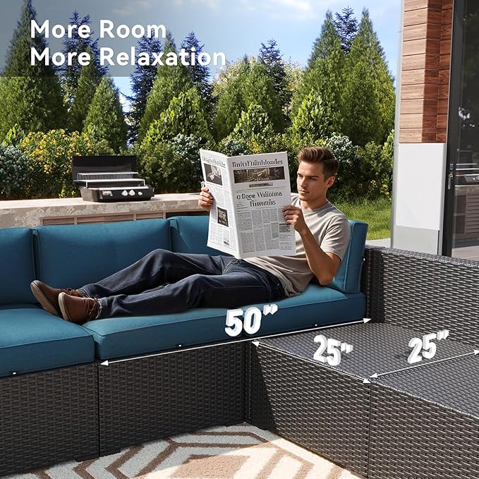 LazySunsets 14 Piece Outdoor Patio Furniture Set with Coffee Table, Outdoor Patio Furniture Set with Waterproof Cover, Wicker Rattan Outdoor Conversation Set for Backyard & Garden, Peacock Blue
