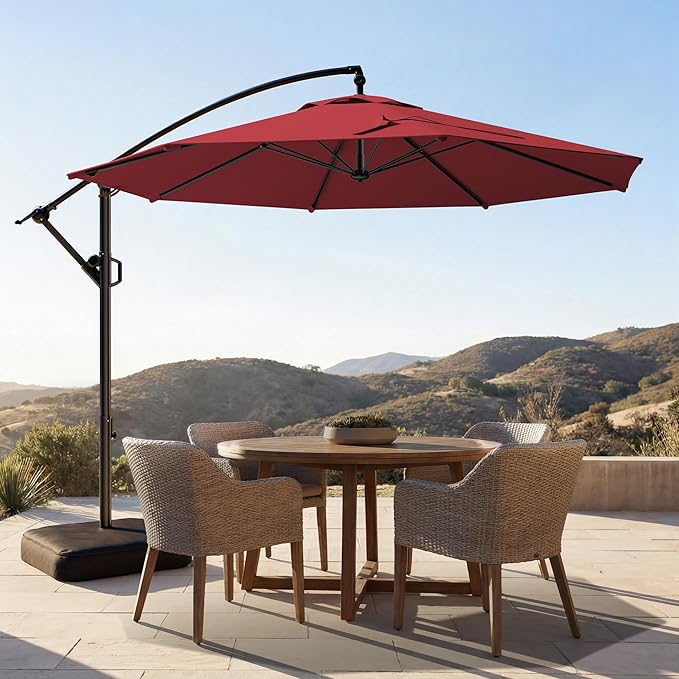 HOMSHADE 10ft Patio Umbrella with Base Included, Cantilever Umbrella UPF50+ UV Protection with Easy Tilt and Crank for Pool Deck and Garden(Red)