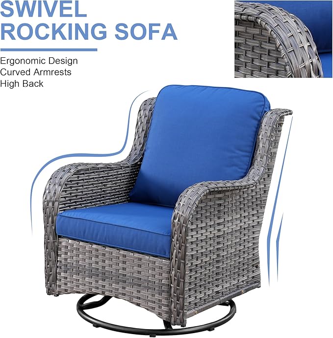 HOOOWOOO Patio Outdoor Sectional Furniture Sofa Set with Swivel Chairs,8 Pieces L Shaped Corner Wicker Rattan Couch Set with Glass Table,Modern 6 Persons Summer Patio Conversation Set(Navy Blue)