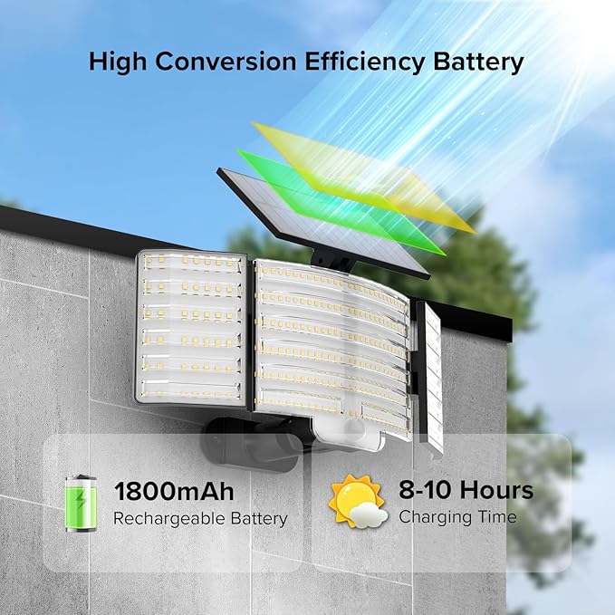 JJX Solar Outdoor Lights 3000LM 238 LED, 1 Pack 3-Head Motion Sensor Outdoor Lights, 6500K IP65 Waterproof 3 Lighting Modes Solar Security Light for Yard Garden Driveway with Remote Control