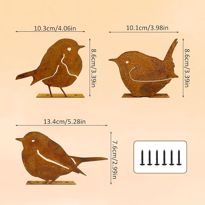 3PCS Rusty Birds Decor, Metal Birds Yard Decor,Rusty Garden Decor | Cute Metal Birds Garden Ornaments Silhouette- Garden Sculptures and Yard Art, Rustic Birds Decoration Outdoor Patio Yard
