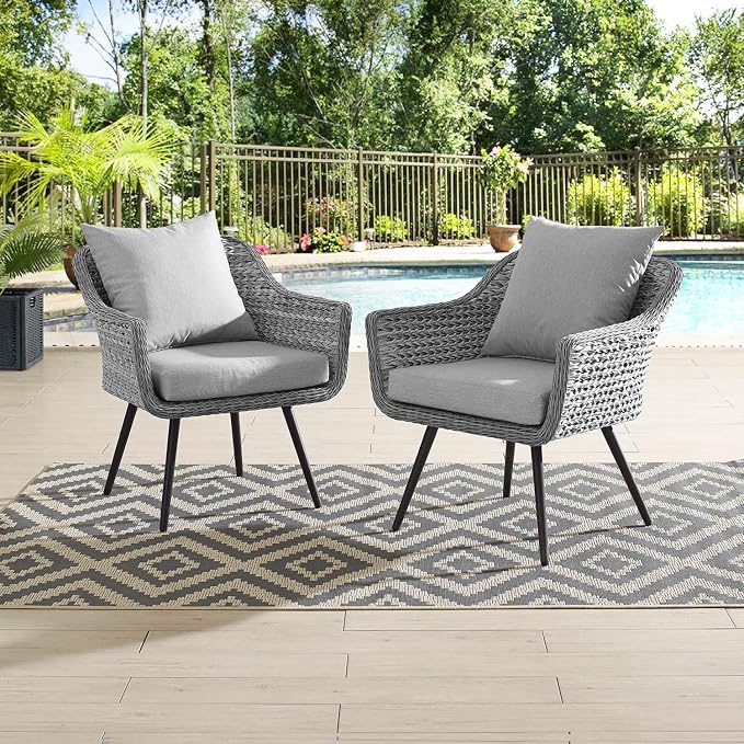 Modway EEI-3176-GRY-GRY-SET Endeavor Armchair Outdoor Patio Wicker Rattan Set of 2, 2 Living Armchairs, Gray