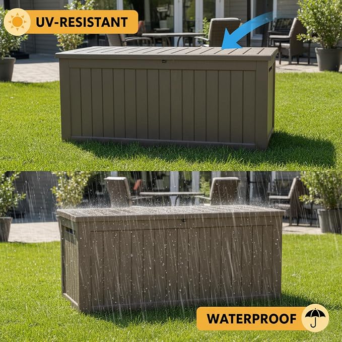 MAKINO 275 Gallon Resin Outdoor Storage Box, Waterproof Deck Box with Lockable Lid, Outside Storage Box for Patio Furniture, Pool Accessories, Garden Tools, Storage Bench for Backyard, Gray Brown