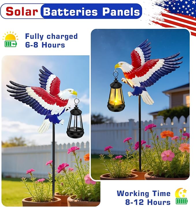 4th of July Decorations Outdoor Solar Lights, Solar Eagle Garden Lights with Lantern, Patriotic Eagle Stake Light for Yard Lawn Garden Patio, USA 250th Anniversary Decor for Memorial Day Veterans Day