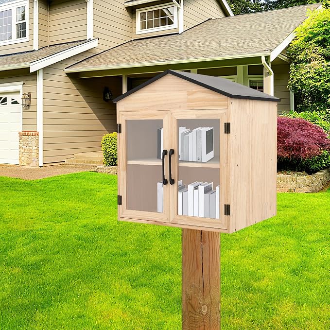 Outdoor Library Book Box, 2 Tier Wooden Outdoor Book Box, Free Standing/Pole Mounted Small Book Storage Cabinet, Literature Exchange Cabinet for Sharing Book Home School Community Nursery Etc