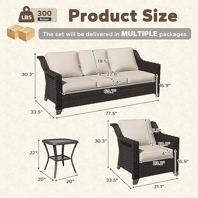 4 Pieces Patio Conversation Furniture Set - 1 Sofa, 2 Armchairs, 1 Side Table, Outdoor Wicker Furniture with Removable Cushions for Porch, Balcony, Sunroom (Beige)