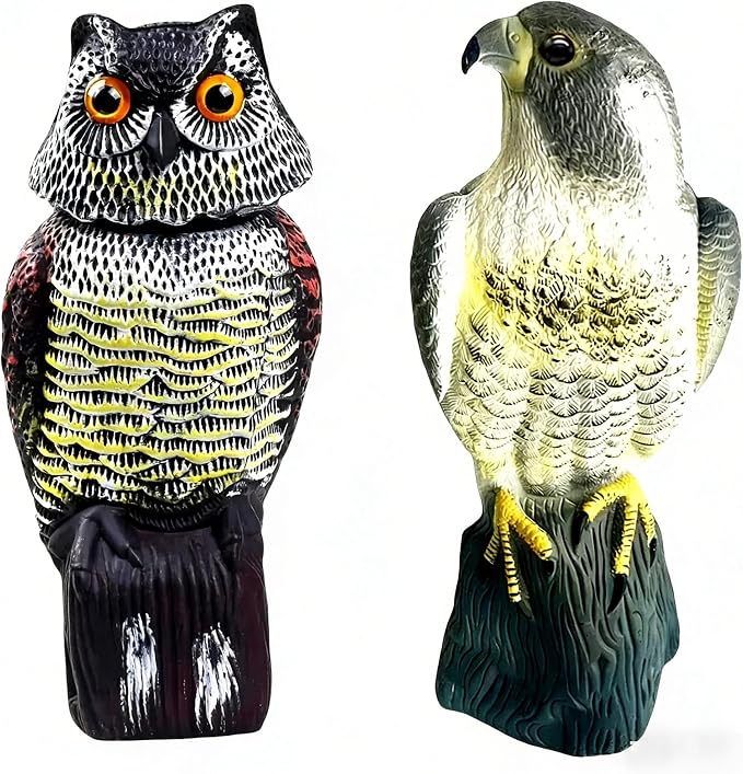 Hawk Decoy to Scare Birds Away - Owl & Hawk Garden Decoy Combo, 2X Protection Wind-Activated Bird Deterrent for Farms & Yards, 50% Larger Size (15")