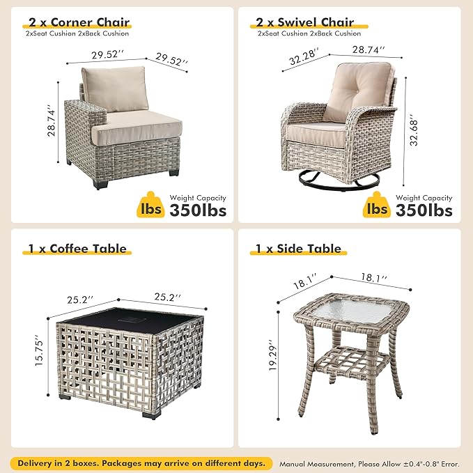 6 Pcs Outdoor Sectional Patio Furniture Set with Swivel Rocking Chair - All Weather Wicker Outside Sectional Couch,Patio Seating Outdoor Conversation Sets for Deck Yard,Beige