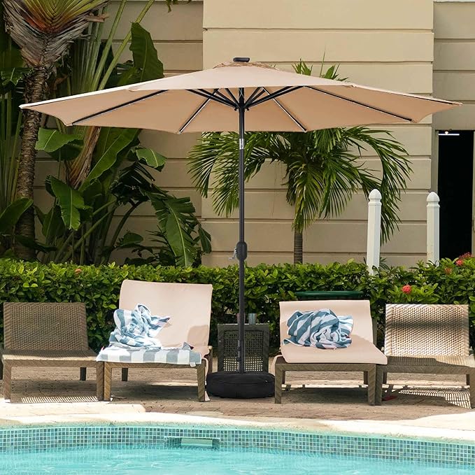 Sundale Outdoor Solar 80 LED 9 ft Patio Umbrella with Sand Bag Umbrella Base, Outdoor Umbrella with Tilt and Crank, Tan