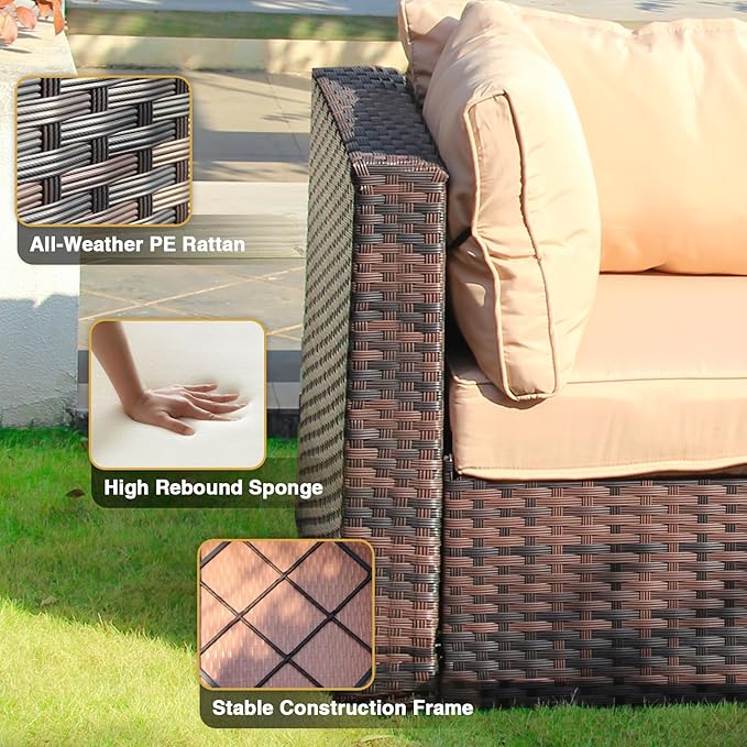 Patio Furniture Set 5 Piece All Weather PE Rattan Outdoor Sectional Sofa Couch with 4 x arm Sofa, No-Slip Cushions and Glass Top Table for Garden, Poolside, Backyard (Beige)