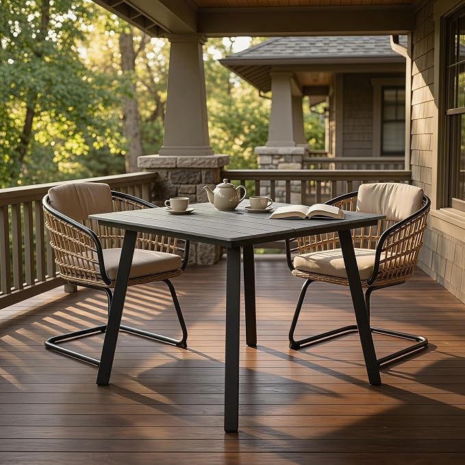 35" Square Patio Dining Table, with Umbrella Hole, Heavy-Duty Iron Frame and WPC Top, All-Weather Outdoor Patio Table for Backyard, Garden and Outdoor Dining