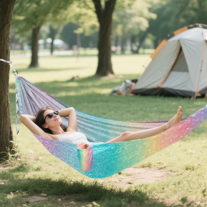 Rainbow Glitter Texture Camping Hammock, Portable Lightweight Single Hammock with Tree Straps and Aluminum Carabiners, 114" x 54" Travel Hammock for Hiking Backpacking Beach