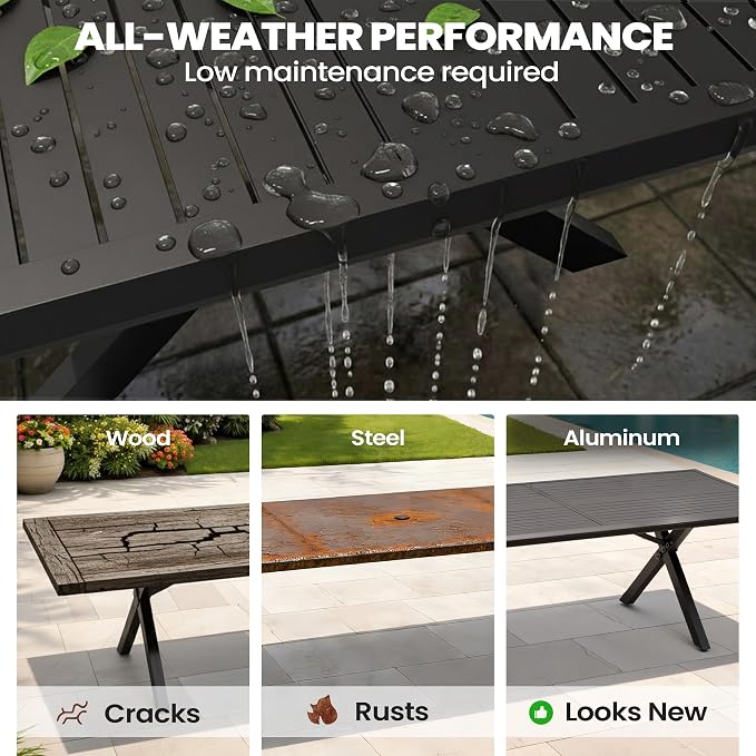 Pellebant 118" Aluminum Outdoor Patio Dining Table for 10-12, 10ft Weather-Resistant Black Tabletop with Umbrella Hole, Sturdy Frame – Large for Deck, Porch, Poolside