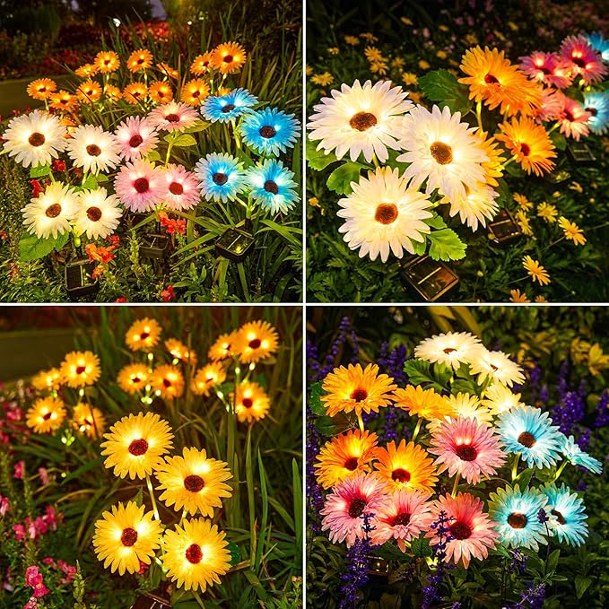 WdtPro Solar Lights Outdoor Garden Decor, 4 Pack Garden Lights with 16 Glowing Daisy Flowers, Solar Flowers Outdoor Waterproof for Outside Yard Patio,Gifts