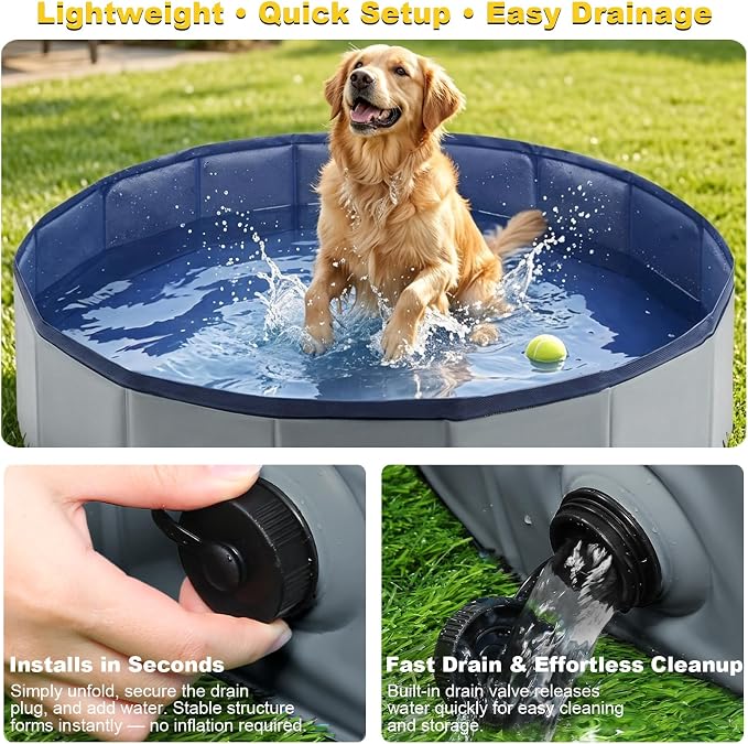 Eooqi Foldable Dog Pool, Collapsible Pet Bath Tub & Kiddie Wading Pool, Portable Hard-Side Dog Swimming Pool for Puppies, Small & Medium Dogs, Cats and Kids (Gray, 32"-S)