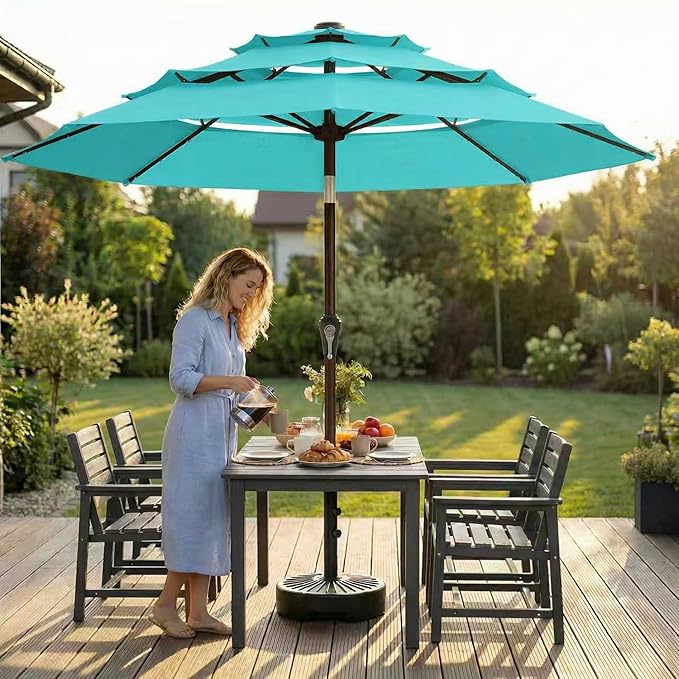 10ft 3-Tier Patio Umbrella with 32 Solar Powered LED Lights, Windproof Outdoor Market Umbrella for Deck, Poolside & Garden, Sturdy Push-Button Tilt Table Umbrella, Aqua Blue