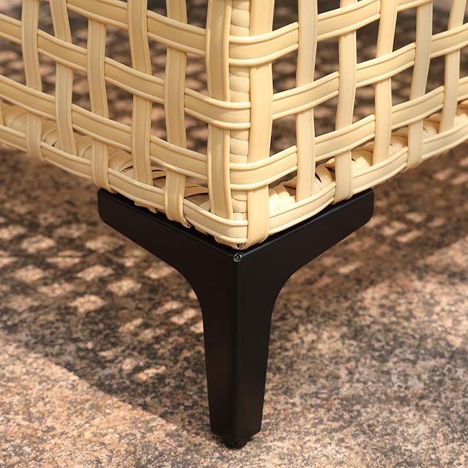 Outdoor Patio Coffee Table with Tempered Glass Top, Handwoven PE Wicker Patio Table with Metal Frame, All-Weather Rattan Coffee Table for Patio Furniture, Balcony, Backyard or Garden