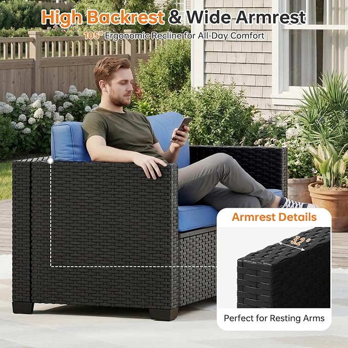 LazySunsets 1-Piece Outdoor Patio Furniture Set, Rattan Outdoor Sectional with Thick Waterproof Cushions, Wicker Ottomans & Waterproof Cover, Patio Conversation Set for Garden, Backyard, Navy Blue