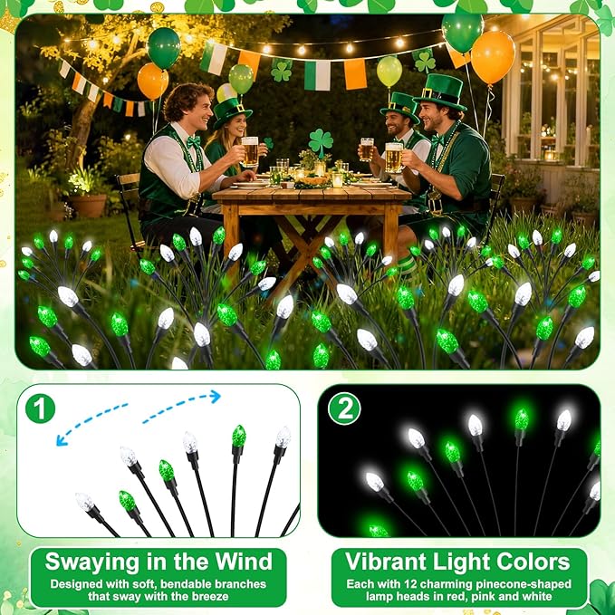 Rossesay 4 Pcs St Patricks Day Outdoor Decorations Solar Lights Waterproof Green 48 LED Swaying Pathway Firefly Stake Lights for Outside Yard Garden Lawn Decorations(Green White,Pine Cone)