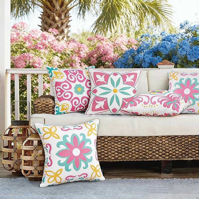 Pyonic Spring Summer Outdoor Pillows Waterproof Throw Pillow Covers Set of 4 Pink Green Floral Printed and Boho Farmhouse Outdoor Pillow Covers for Patio Funiture Garden 18x18 Inch