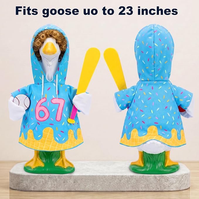 Summer 67 Baseball Porch Goose Outfits, Ice Cream Hoodie Wigs for 23 inch Goose, Geese Statue Clothes Costume 4 Pcs Accessories, Birthday Party Garden Outdoor Yard Lawn Patio Decor